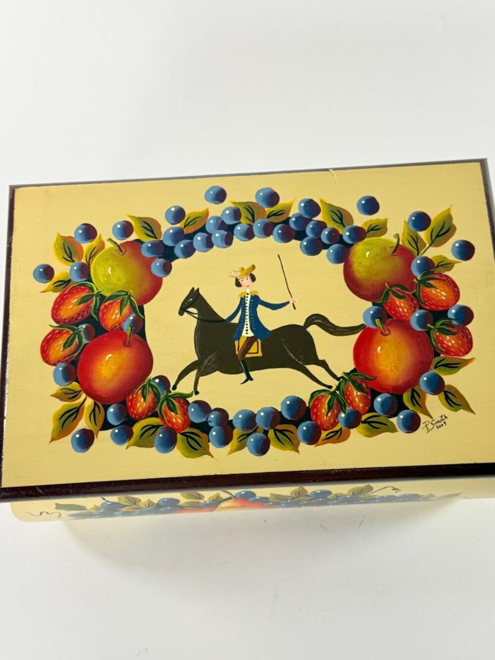 Hand Painted Wooden Trinket Box With Fruit & Horse Rider Design Signed By Artist